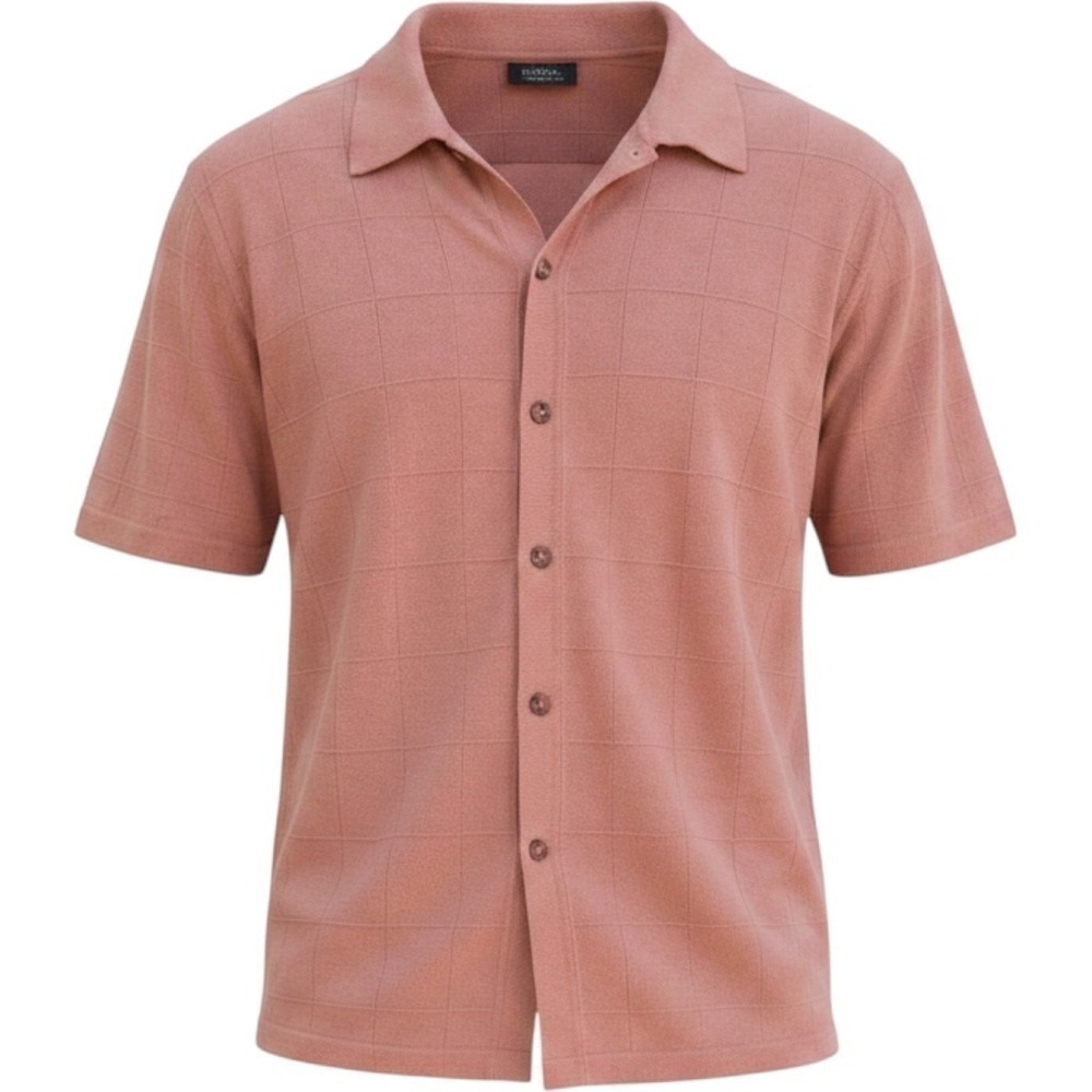 Mens Casual Shirt ,Salmon Pink Grid Knit Button Front Shirt Short Sleeve, Large